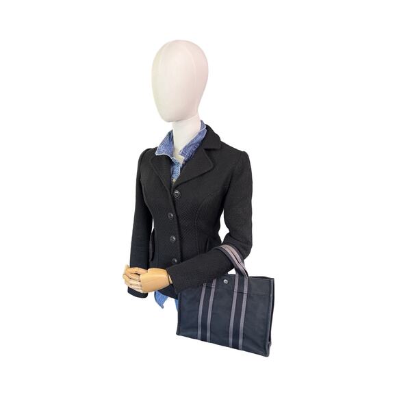 Hermès Fourre Tout PM Canvas Tote Bag Black Gray Striped Handles France - Picture 13 of 15